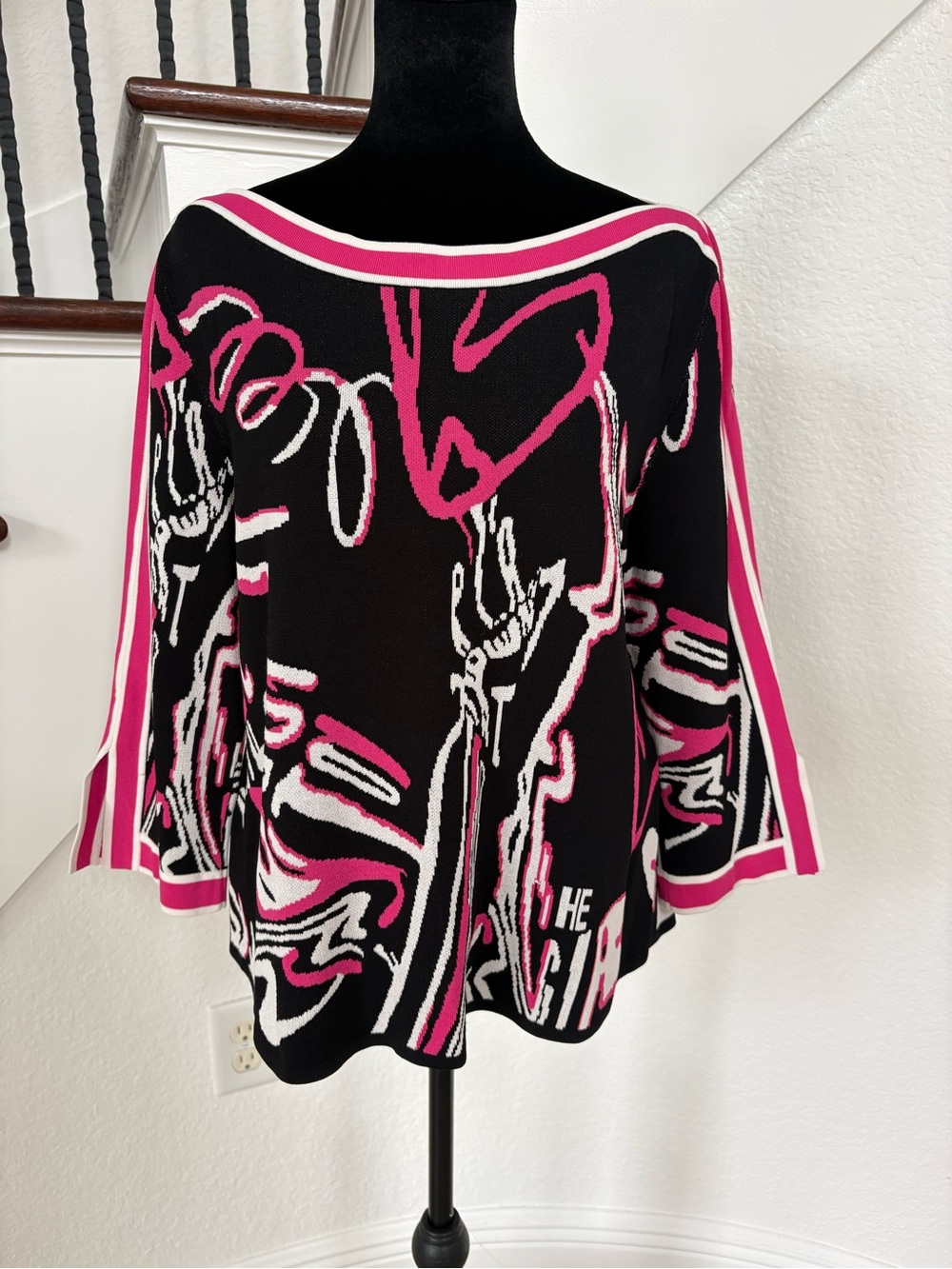 Joseph Ribkoff Black, Hot Pink & White Off-the-Shoulder Abstract Sweater